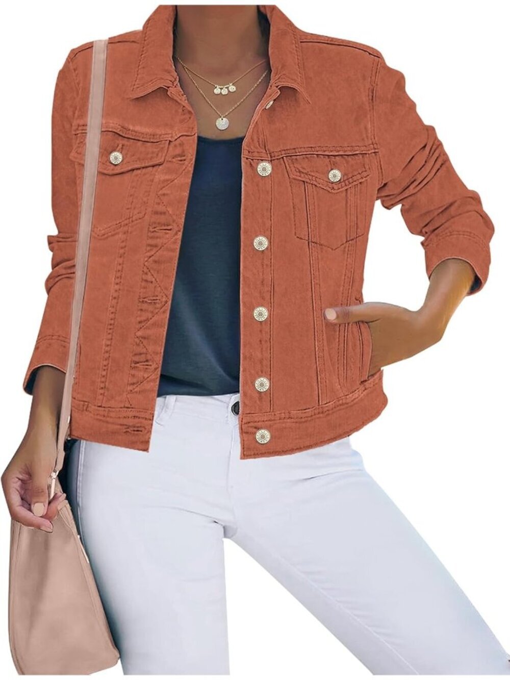 Women's Orange Basic Button Down Stretch Fitted Long Sleeves Denim Jean Jacket